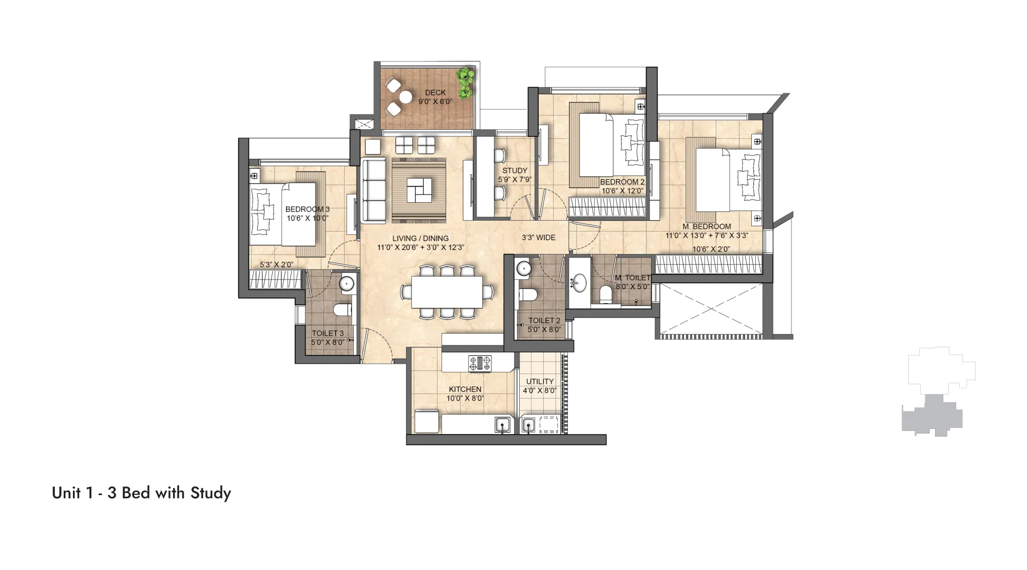 3 BHK with Study